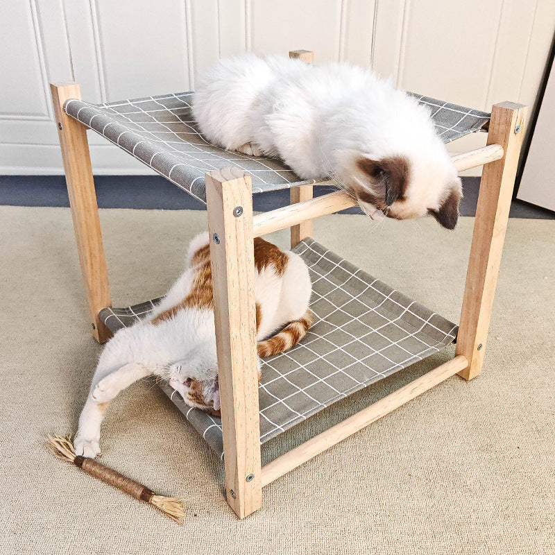 Cama de campamento para mascotas de madera maciza, hamaca de doble capa para gatos, litera superior e inferior, extraíble y lavable