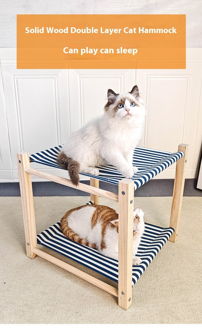 Cama de campamento para mascotas de madera maciza, hamaca de doble capa para gatos, litera superior e inferior, extraíble y lavable